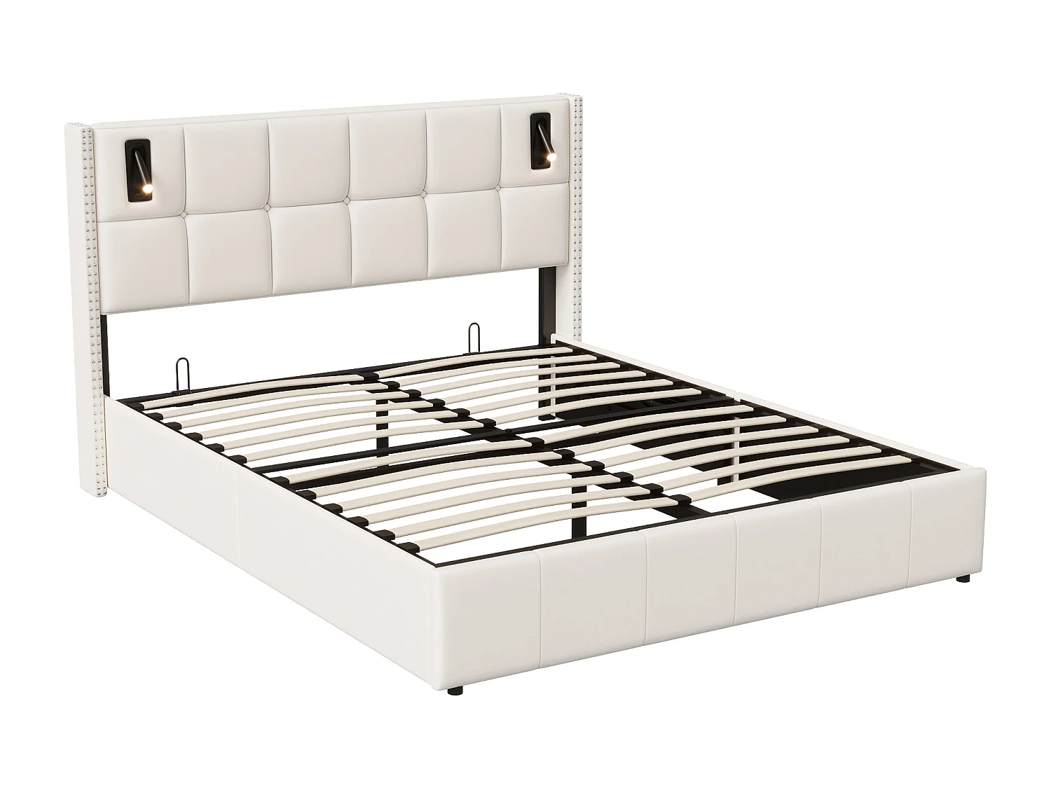 Luxe Beige Velvet Opbergbed 160x200 cm met Koperen Spijkerdecoratie & Ingebouwde Leeslamp