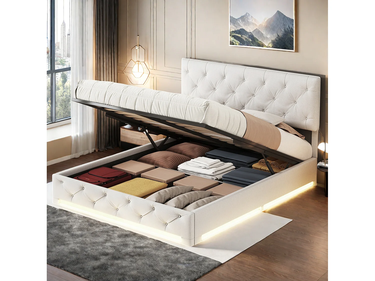 Letto contenitore per adulti 140x200 cm beige in lino con LED, testiera regolabile, rete e contenitore idraulico, stile scandinavo