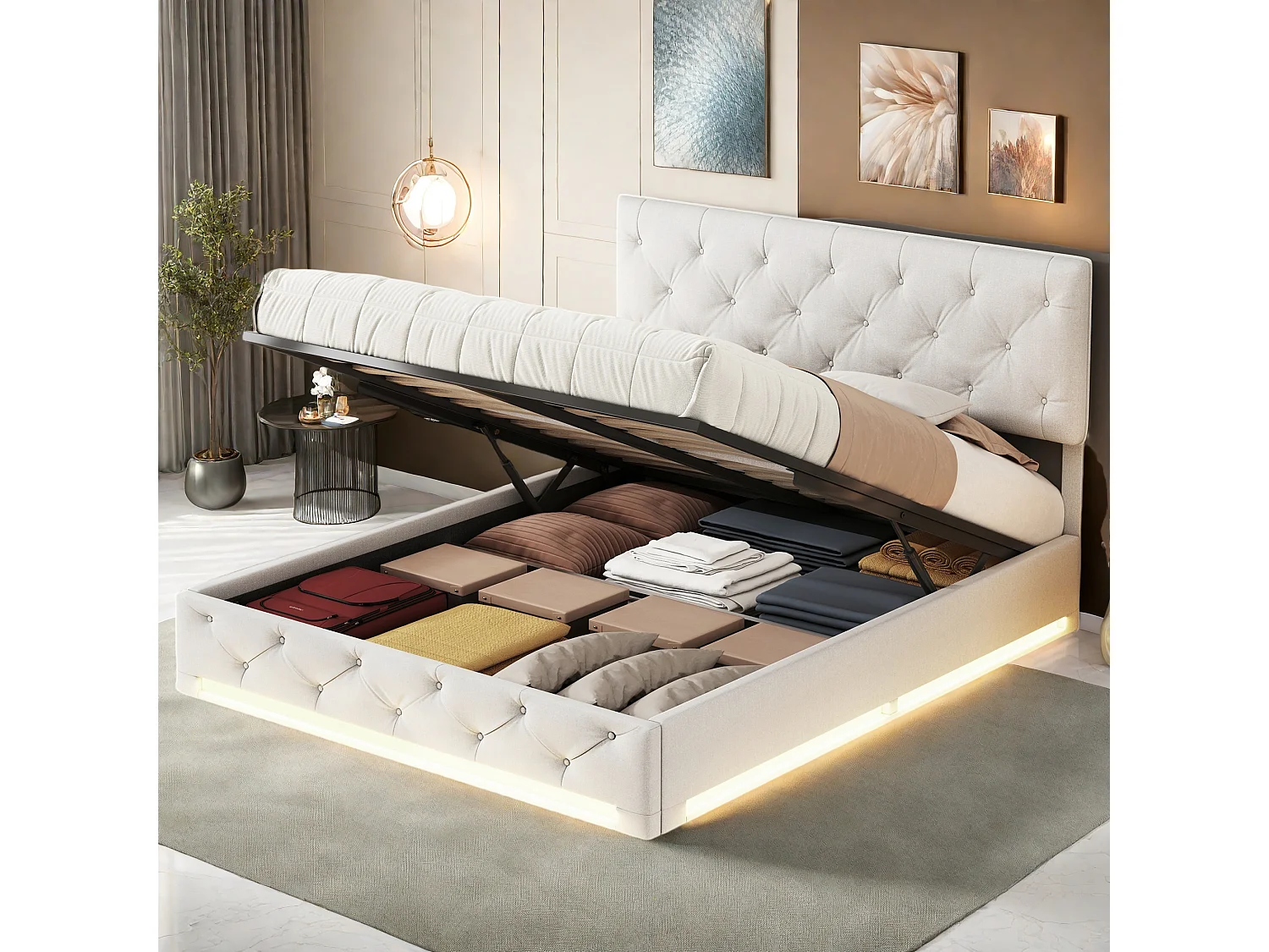 Letto contenitore per adulti 140x200 cm beige in lino con LED, testiera regolabile, rete e contenitore idraulico, stile scandinavo