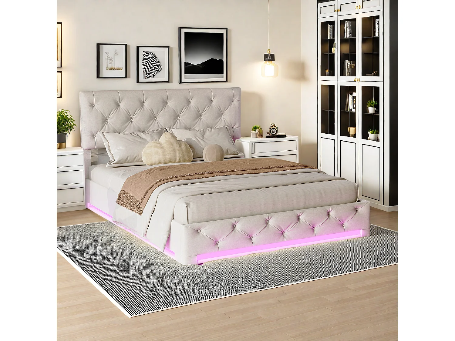 Letto contenitore per adulti 140x200 cm beige in lino con LED, testiera regolabile, rete e contenitore idraulico, stile scandinavo