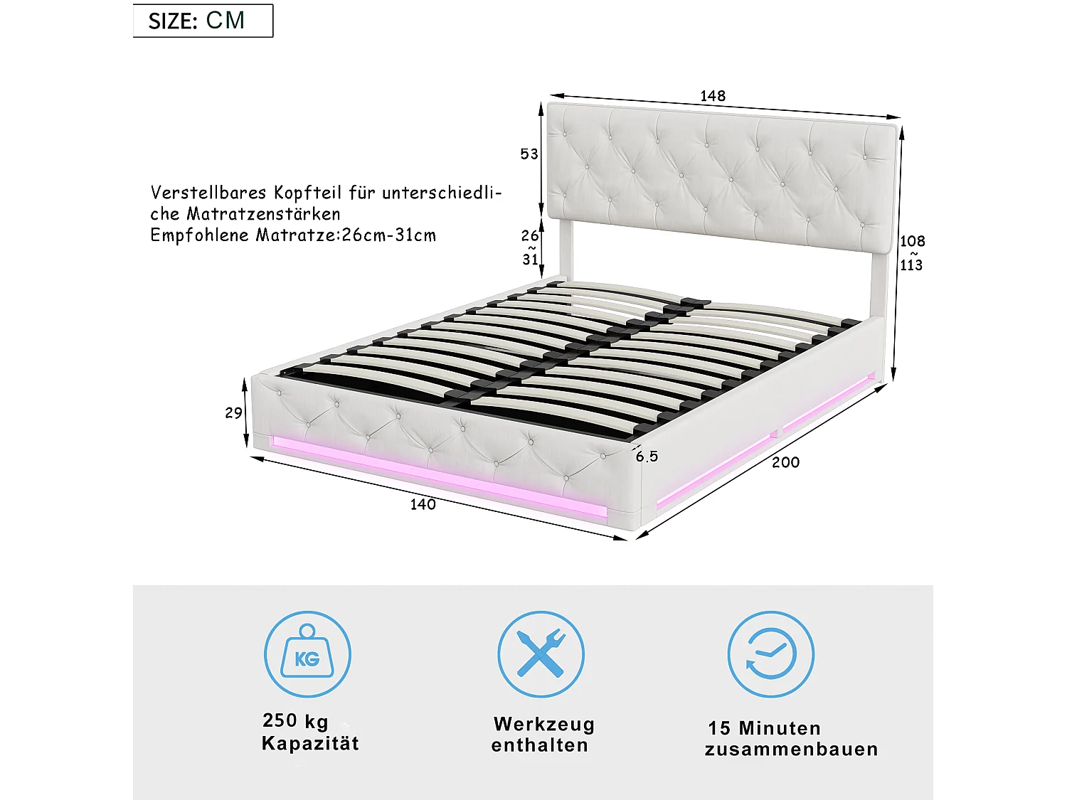 Letto contenitore per adulti 140x200 cm beige in lino con LED, testiera regolabile, rete e contenitore idraulico, stile scandinavo