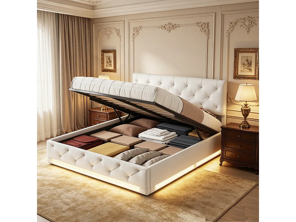 Lit coffre 140x200 cm avec coffre de rangement et LED, Lit Adulte Tête de lit réglable, Tissu en lin, Sommier, Beige