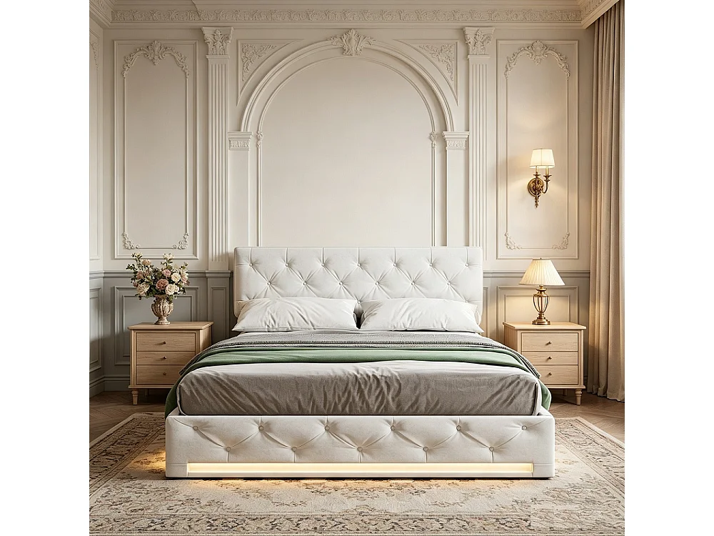 Lit coffre 140x200 cm avec coffre de rangement et LED, Lit Adulte Tête de lit réglable, Tissu en lin, Sommier, Beige