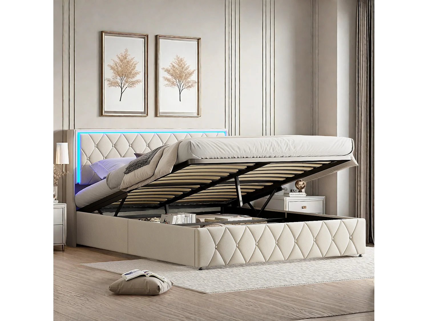 Lit Coffre 140x190 cm, Lit double, Lit Adulte 140x200 cm, Eclairage LED, Coffre de rangement, Sommier à lattes, Beige