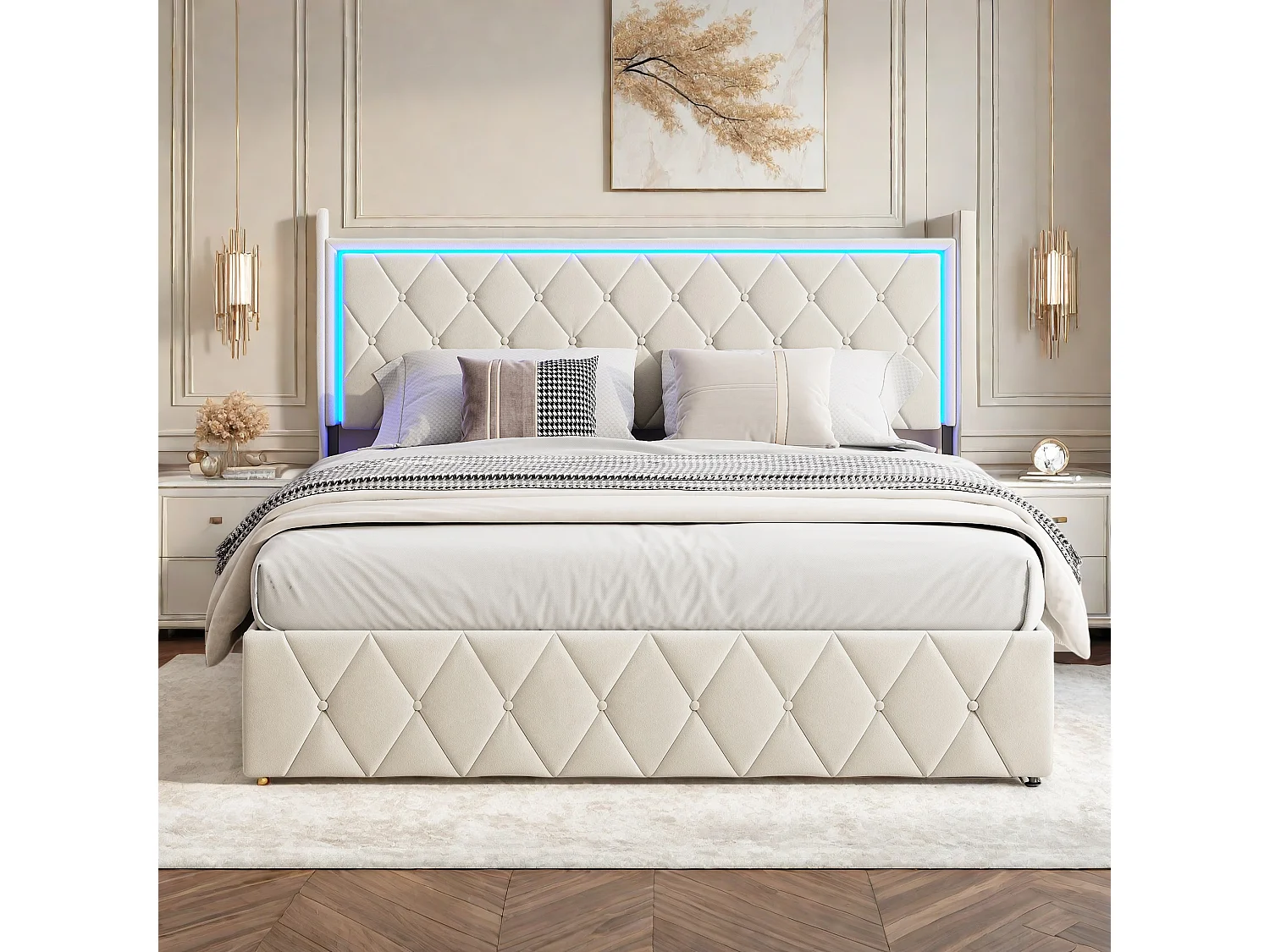 Lit Coffre 140x190 cm, Lit double, Lit Adulte 140x200 cm, Eclairage LED, Coffre de rangement, Sommier à lattes, Beige