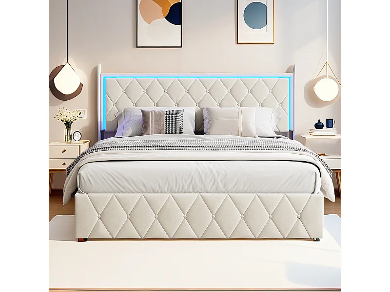 Lit Coffre 140x190 cm, Lit double, Lit Adulte 140x200 cm, Eclairage LED, Coffre de rangement, Sommier à lattes, Beige