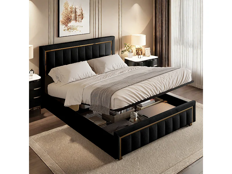 Lit 160x200 cm avec sommier, Lit Coffre 160 x 200, Lit rembourré double, Lit Adulte avec Hydraulique Rangement, Noir