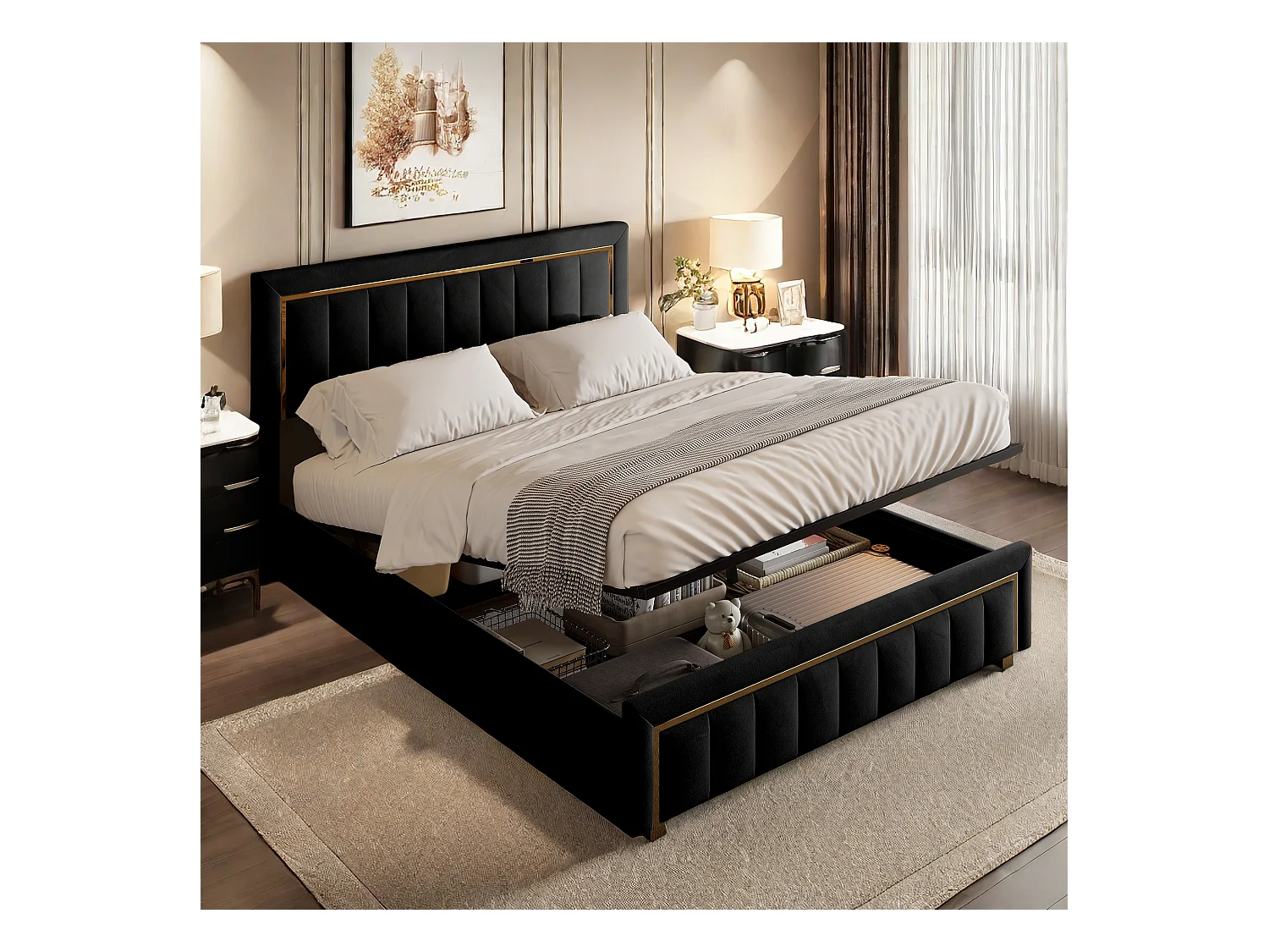 Lit 160x200 cm avec sommier, Lit Coffre 160 x 200, Lit rembourré double, Lit Adulte avec Hydraulique Rangement, Noir