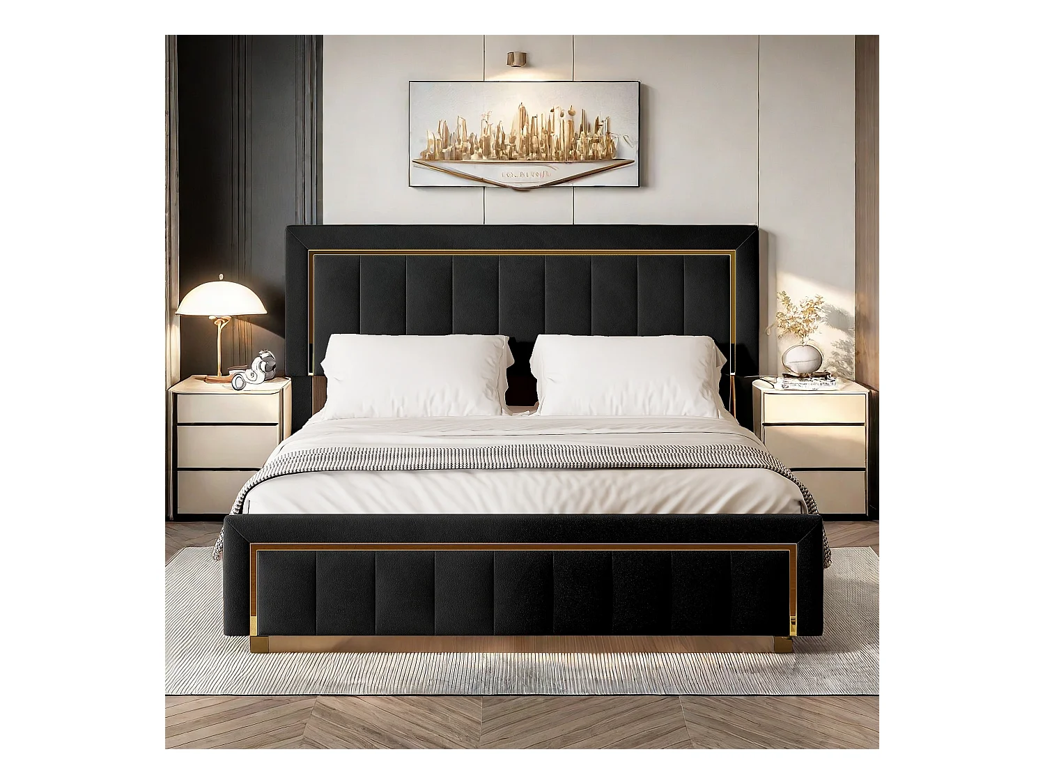 Lit 160x200 cm avec sommier, Lit Coffre 160 x 200, Lit rembourré double, Lit Adulte avec Hydraulique Rangement, Noir