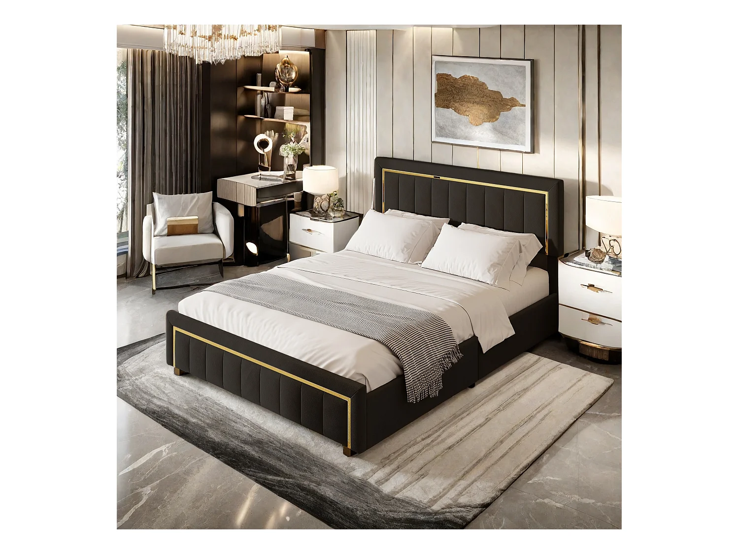 Lit 160x200 cm avec sommier, Lit Coffre 160 x 200, Lit rembourré double, Lit Adulte avec Hydraulique Rangement, Noir