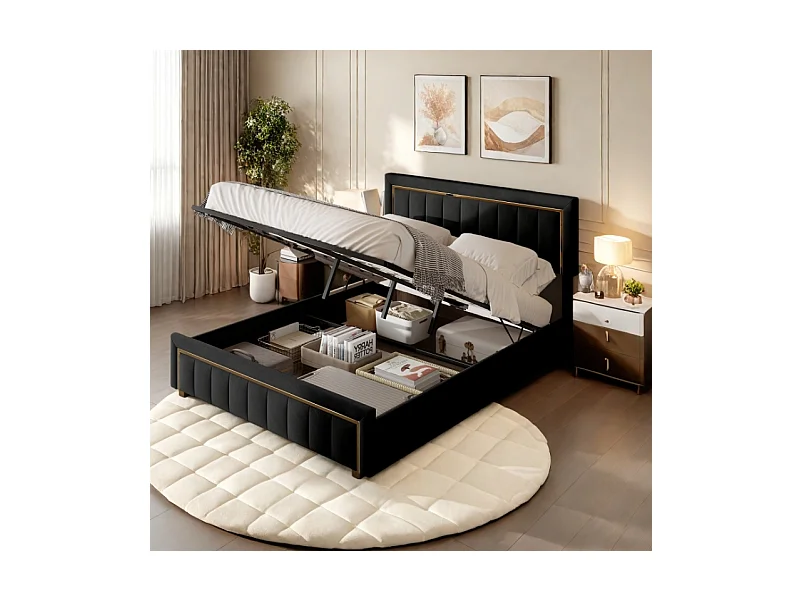 Lit 160x200 cm avec sommier, Lit Coffre 160 x 200, Lit rembourré double, Lit Adulte avec Hydraulique Rangement, Noir