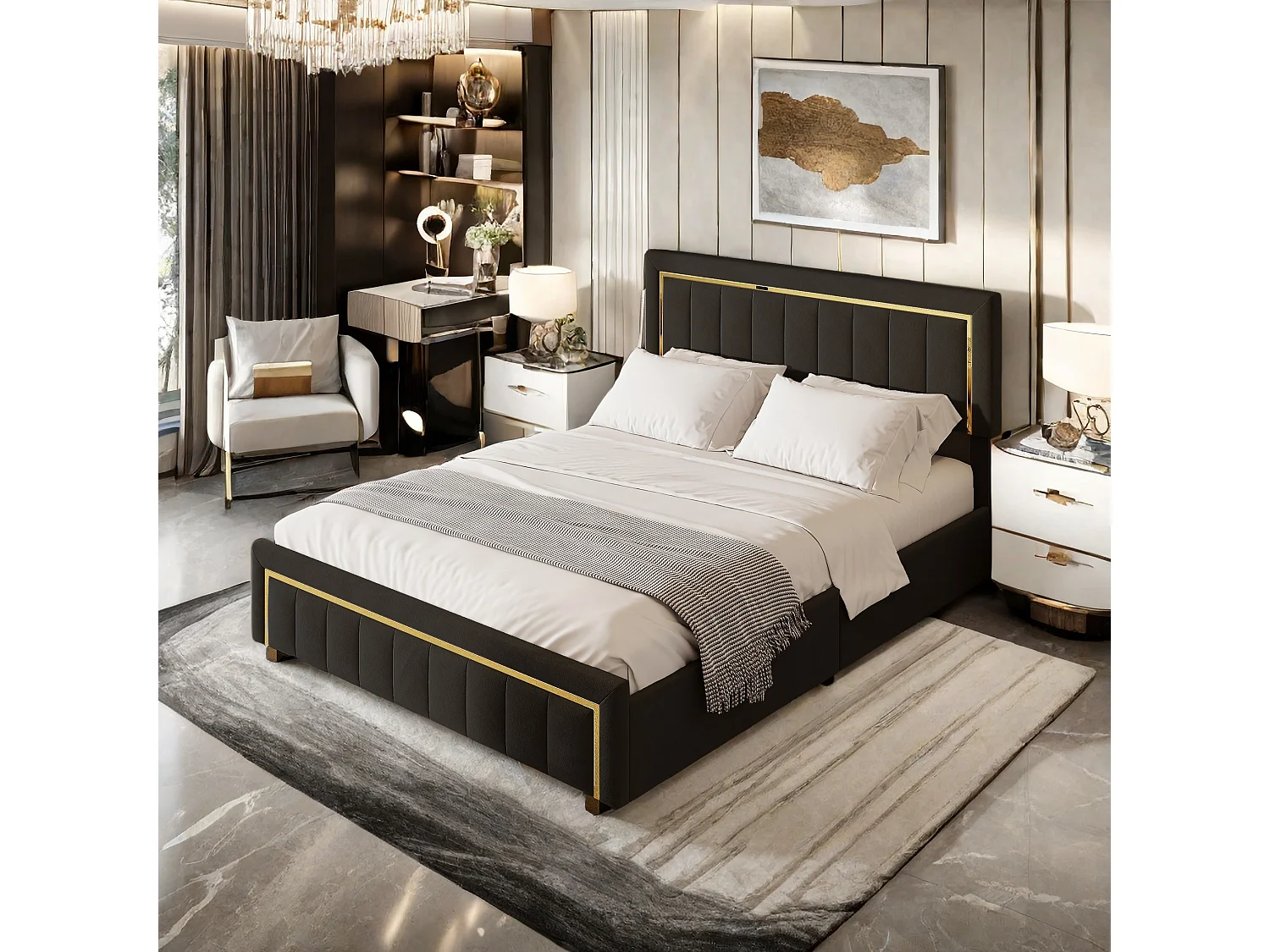 Łóżko z Pojemnikiem 160x200 cm Czarny Aksamit z Pikowanym Zagłówkiem i Hydraulicznym Schowkiem – Luksusowy Skandynawski Design