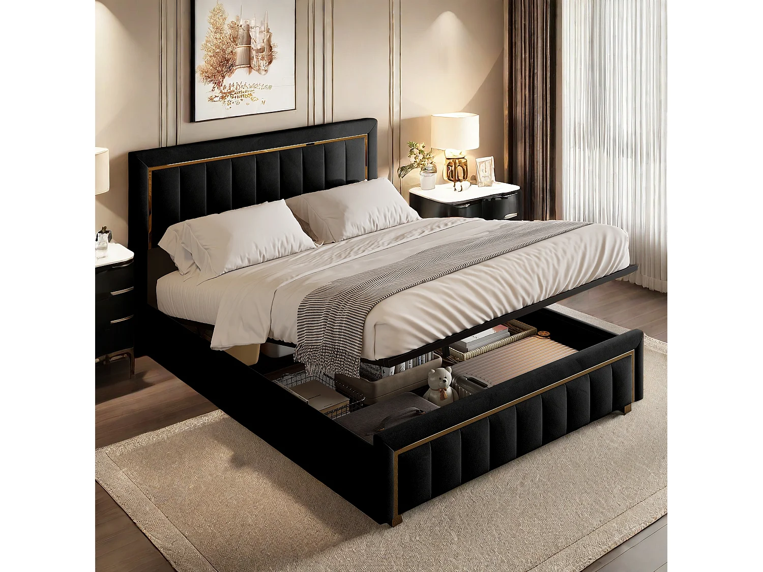 Lit 160x200 cm avec sommier, Lit Coffre 160 x 200, Lit rembourré double, Lit Adulte avec Hydraulique Rangement, Noir