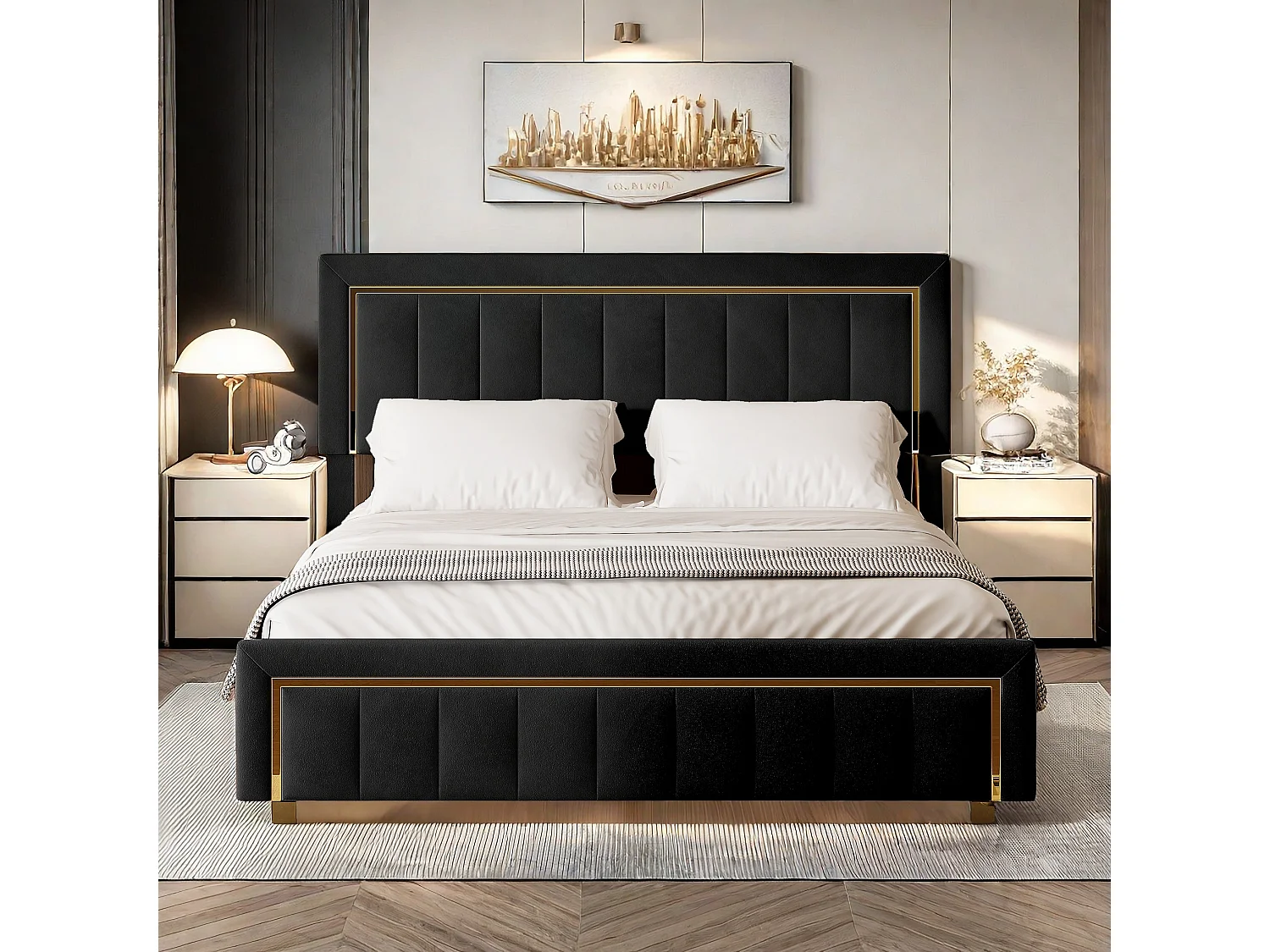 Lit 160x200 cm avec sommier, Lit Coffre 160 x 200, Lit rembourré double, Lit Adulte avec Hydraulique Rangement, Noir