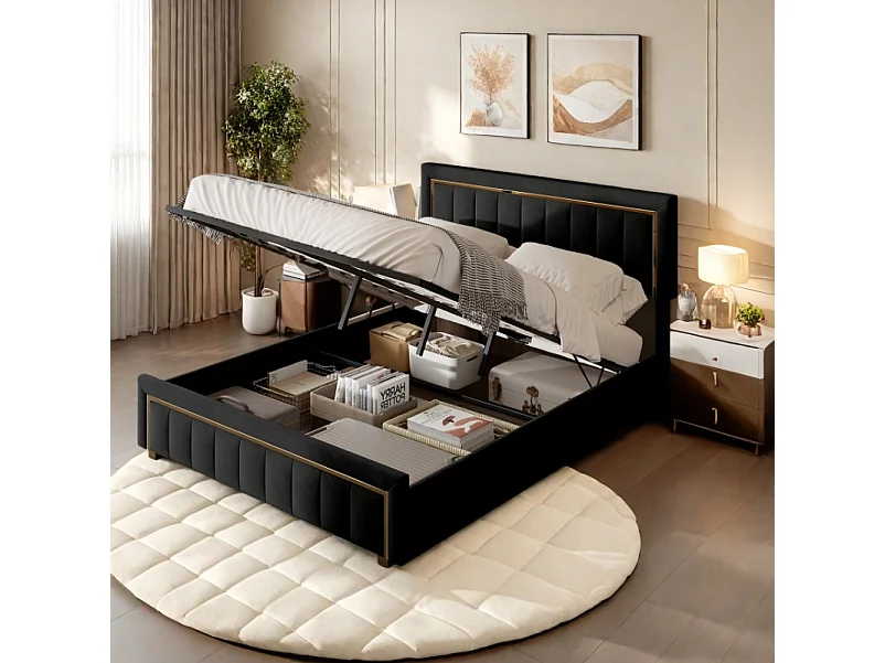 Lit 160x200 cm avec sommier, Lit Coffre 160 x 200, Lit rembourré double, Lit Adulte avec Hydraulique Rangement, Noir