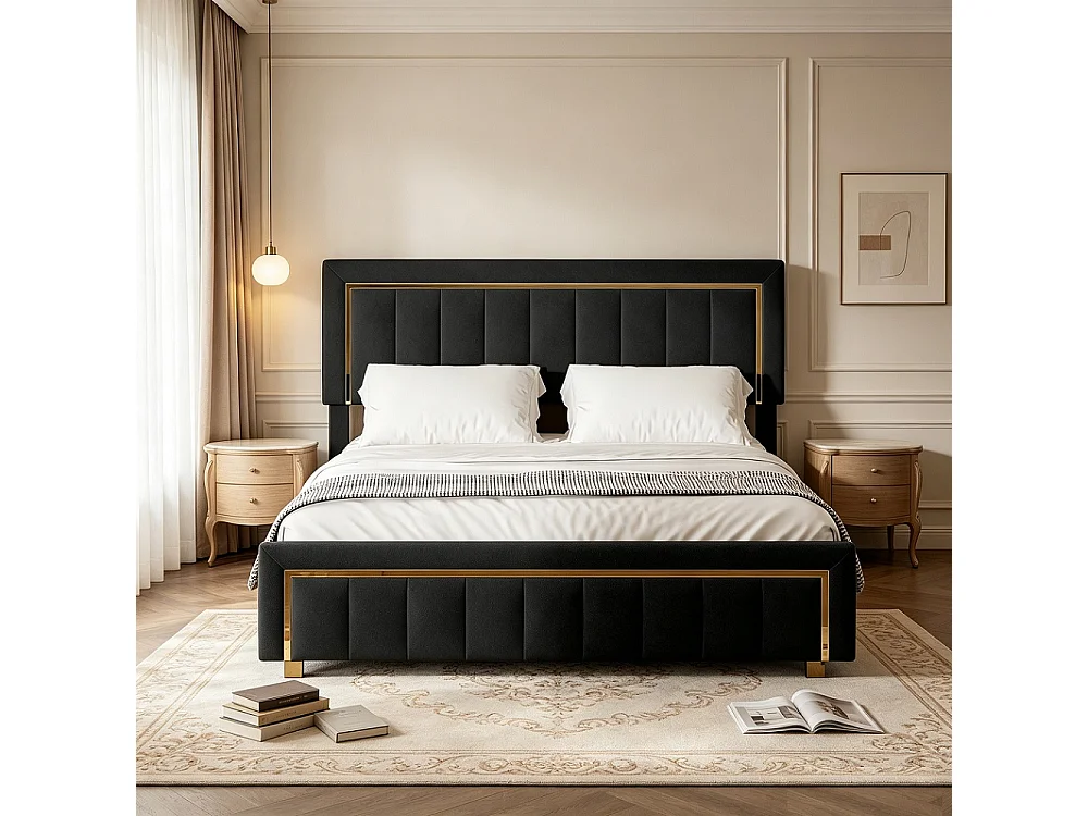Lits doubles rembourrés 160 x 200 cm - Cadre de lit hydraulique avec boîte à lit - Lit de rangement avec tête et cadre à lames - Velours - Noir