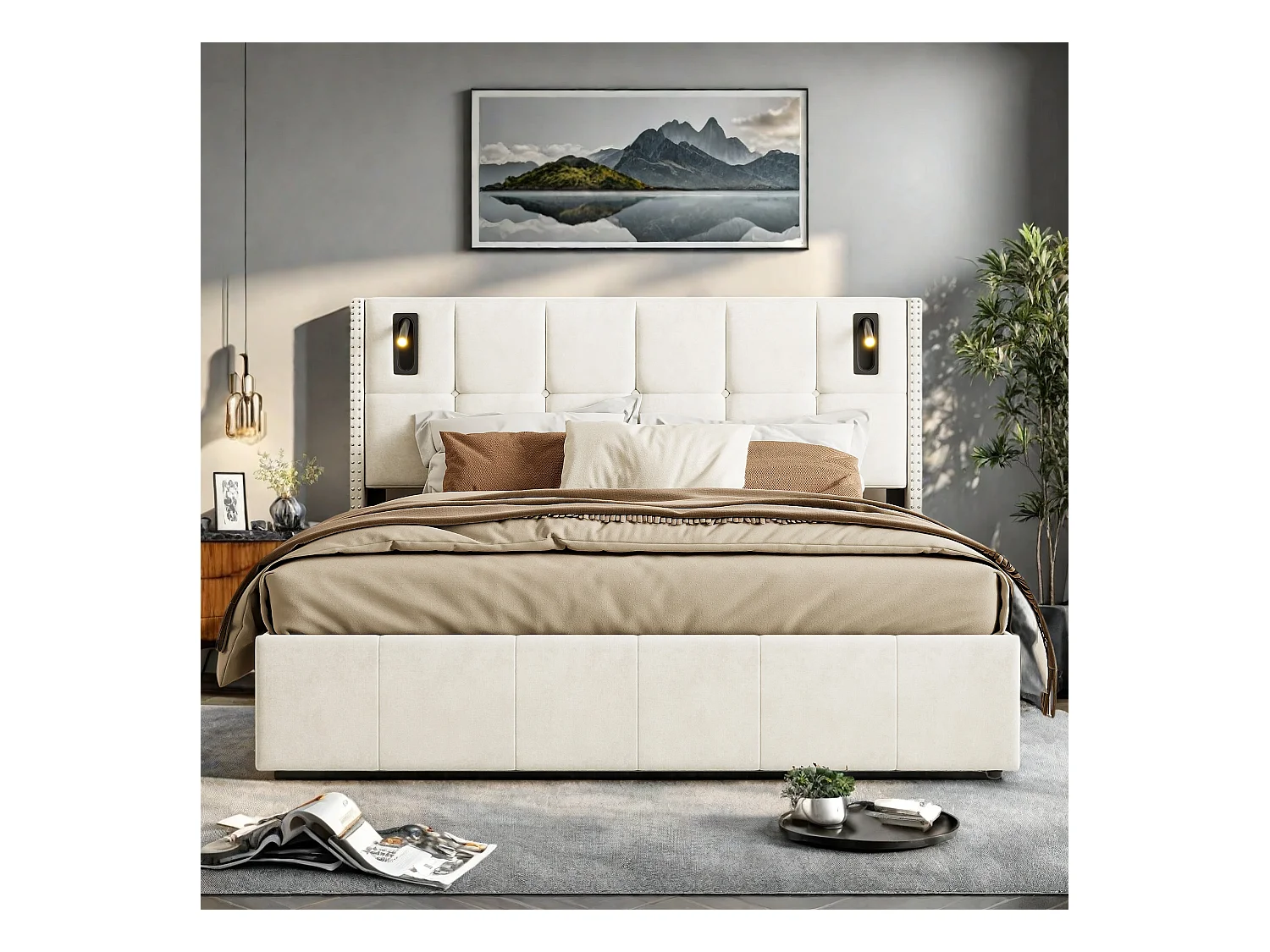 Lit Double Rembourré 140x200cm avec Coffre de rangement et lampe de lecture, Lit Coffre 140x200 cm avec sommier, Velours