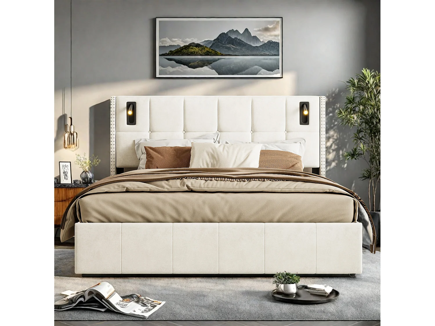 Lit Double Rembourré 140x200cm avec Coffre de rangement et lampe de lecture, Lit Coffre 140x200 cm avec sommier, Velours