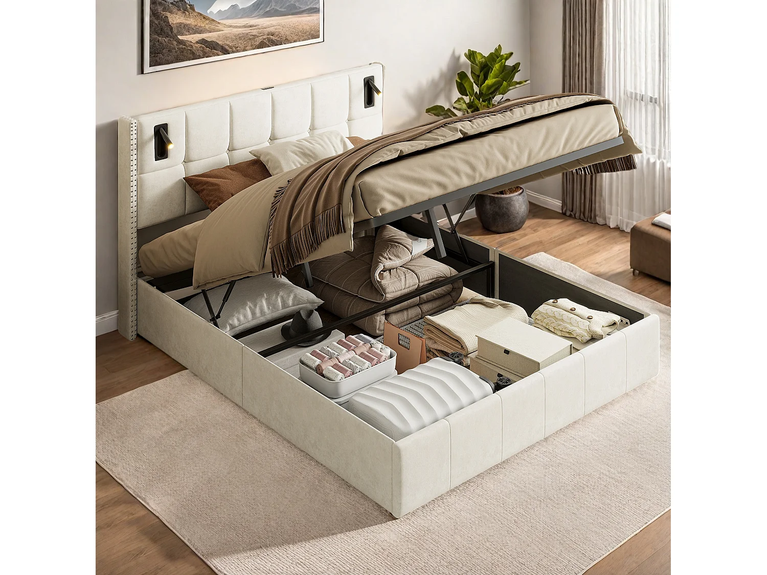 Lit Double Rembourré 140x200cm avec Coffre de rangement et lampe de lecture, Lit Coffre 140x200 cm avec sommier, Velours