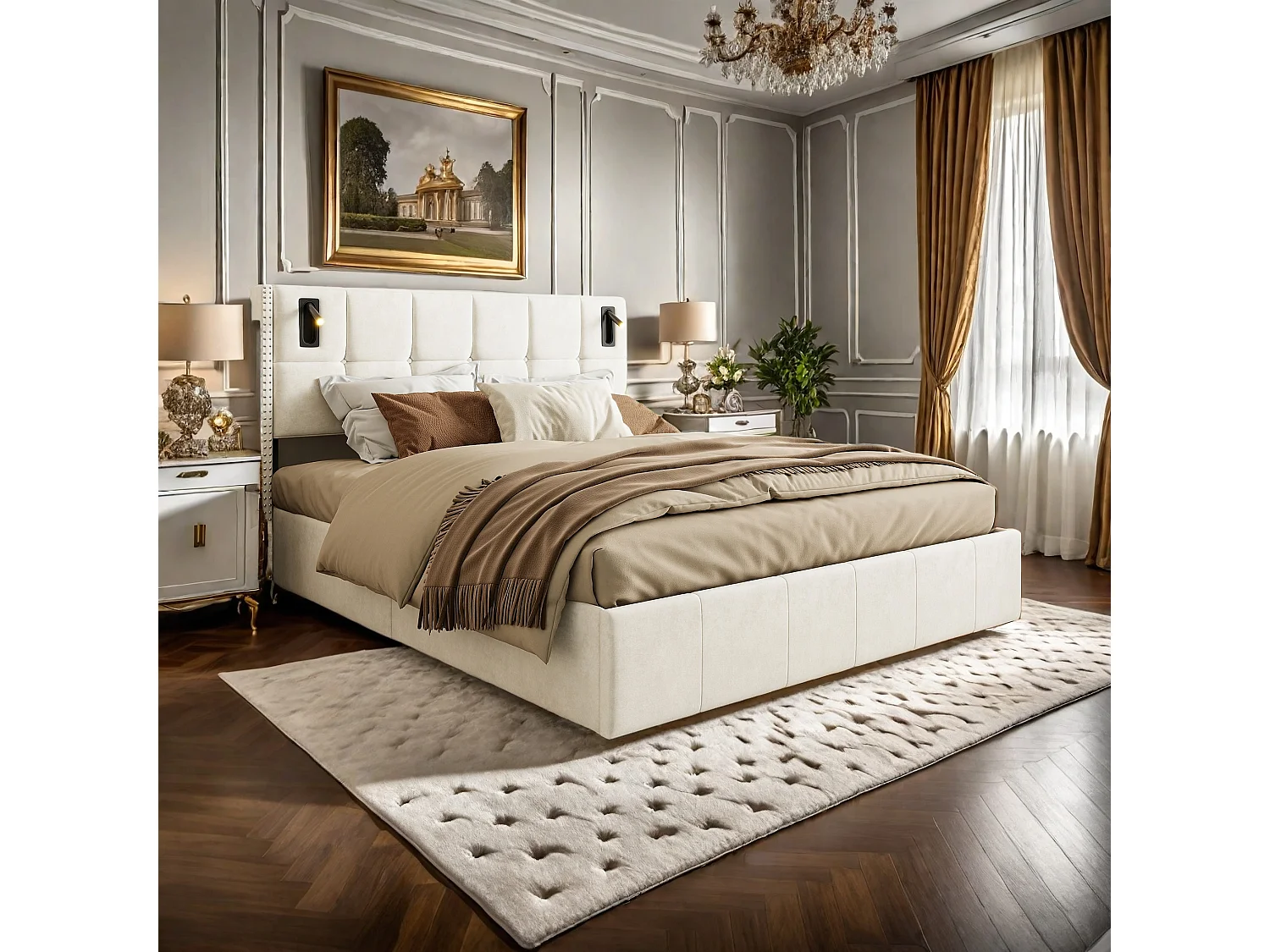 Lit Double Rembourré 140x200cm avec Coffre de rangement et lampe de lecture, Lit Coffre 140x200 cm avec sommier, Velours