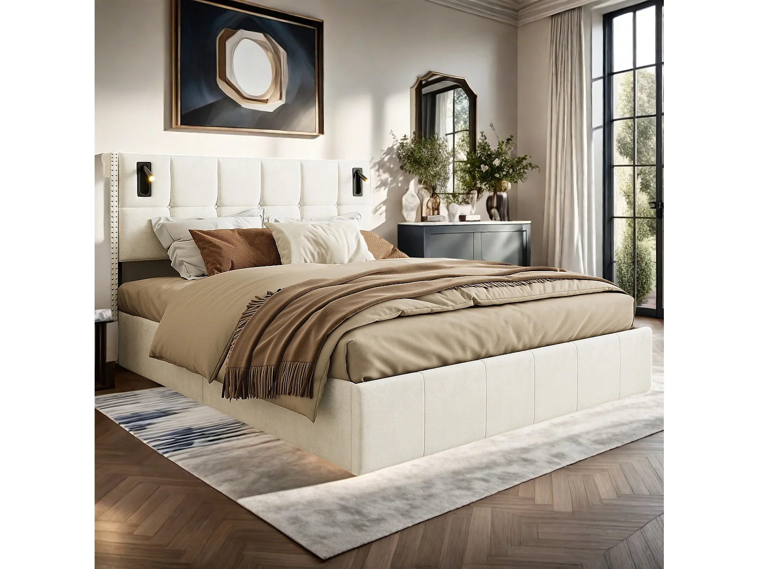 Tweepersoons Opbergbed 140x200 cm Beige Fluweel met Hydraulische Opbergruimte, LED Leeslamp en Koperen Nieten Decoratie