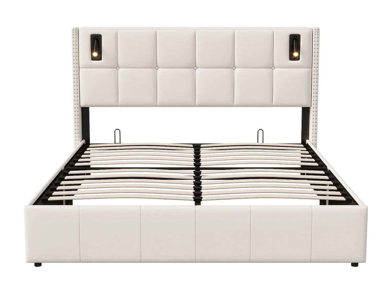 Tweepersoons Opbergbed 140x200 cm Beige Fluweel met Hydraulische Opbergruimte, LED Leeslamp en Koperen Nieten Decoratie