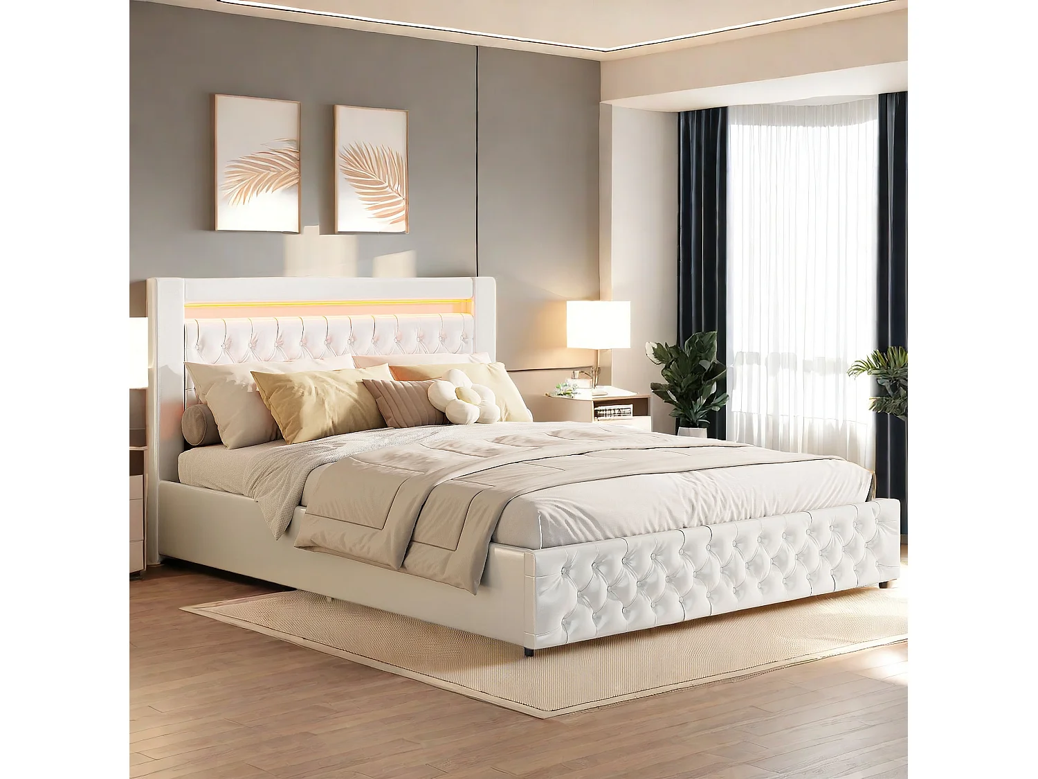 Lit Adulte 160x200 cm avec coffre de rangement, Lit Coffre 160x200cm 2 personnes avec lumière LED, Sommier inclus, Blanc