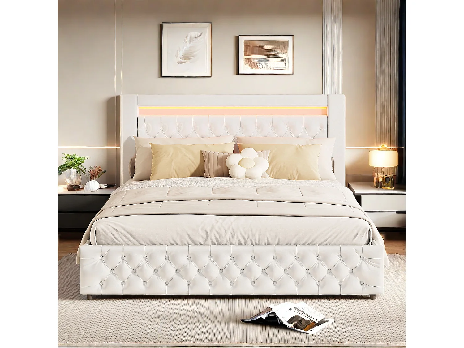 Lit Adulte 160x200 cm avec coffre de rangement, Lit Coffre 160x200cm 2 personnes avec lumière LED, Sommier inclus, Blanc