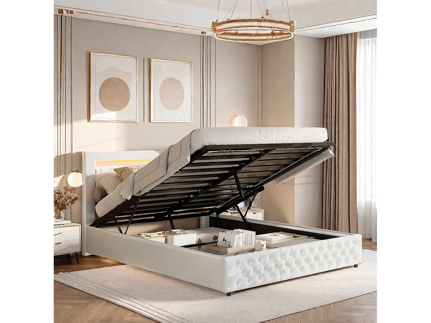 Lit Adulte 160x200 cm avec coffre de rangement, Lit Coffre 160x200cm 2 personnes avec lumière LED, Sommier inclus, Blanc