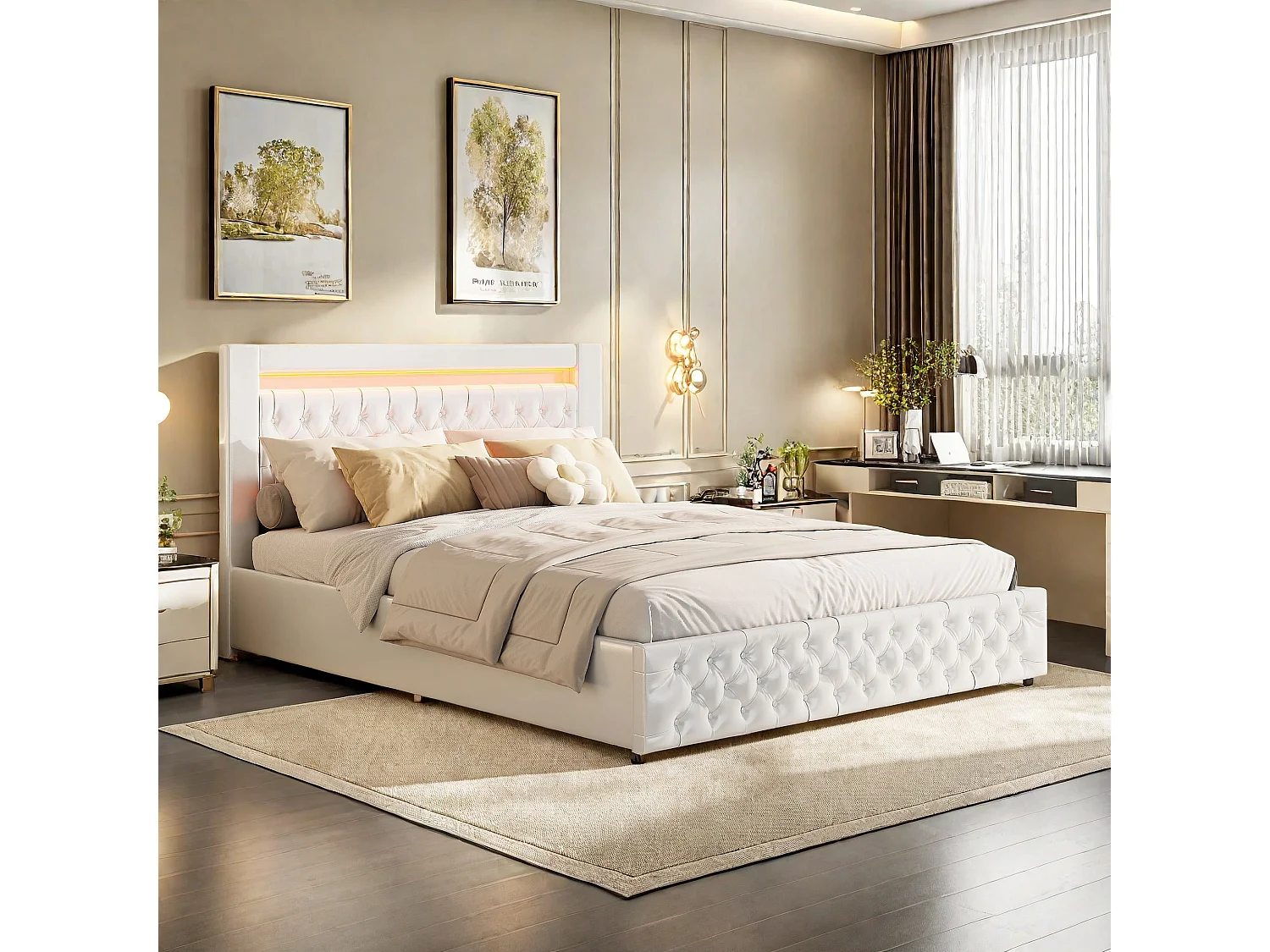 Lit Adulte 160x200 cm avec coffre de rangement, Lit Coffre 160x200cm 2 personnes avec lumière LED, Sommier inclus, Blanc