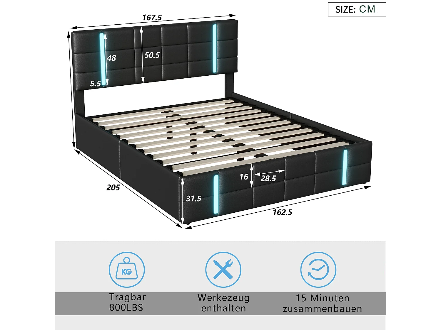 Lit Coffre 160x200 cm en PU, Lit Adulte avec LED et USB, Lit capitonné avec sommier et hydraulique rangement, Noir