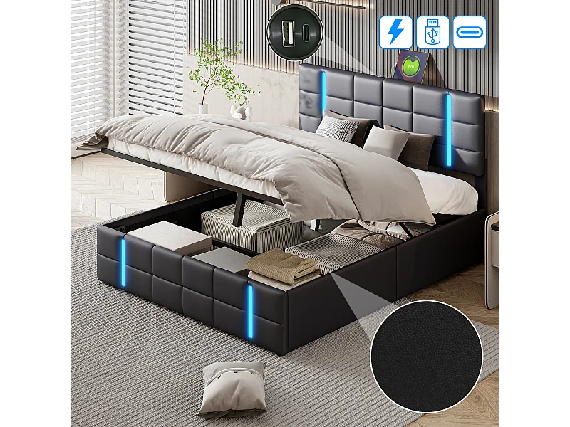 Lit Coffre 160x200 cm en PU, Lit Adulte avec LED et USB, Lit capitonné avec sommier et hydraulique rangement, Noir