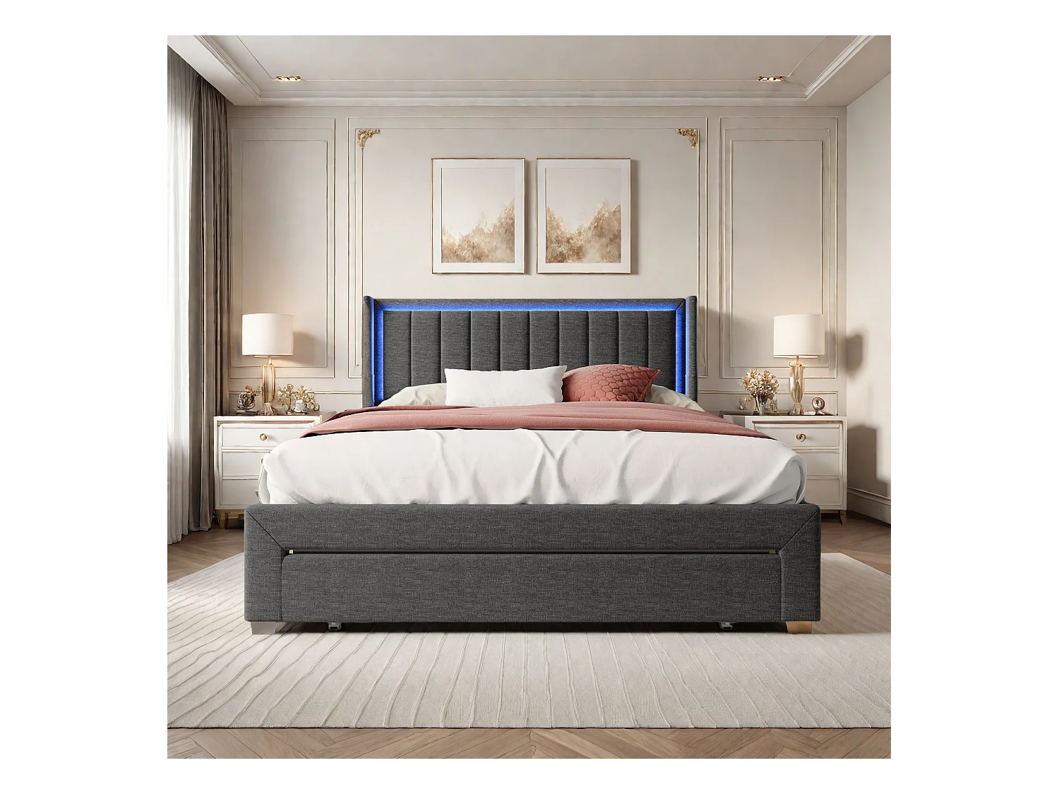 Lit adulte 140x200 cm - 1 tiroir, éclairage LED et ports USB - cadre de lit avec sommier à lattes - Tissu Lin - Gris