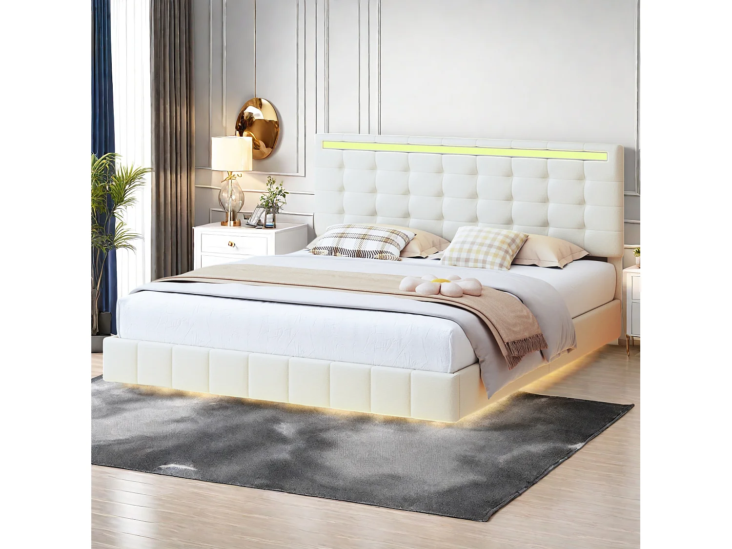 Lit Adulte 160 x 200 cm, Lit Flottant rembourré avec lumières LED et tête de lit USB, Lit Double avec sommier à lattes