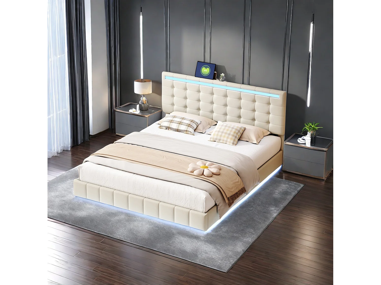 Lit Adulte 160 x 200 cm, Lit Flottant rembourré avec lumières LED et tête de lit USB, Lit Double avec sommier à lattes