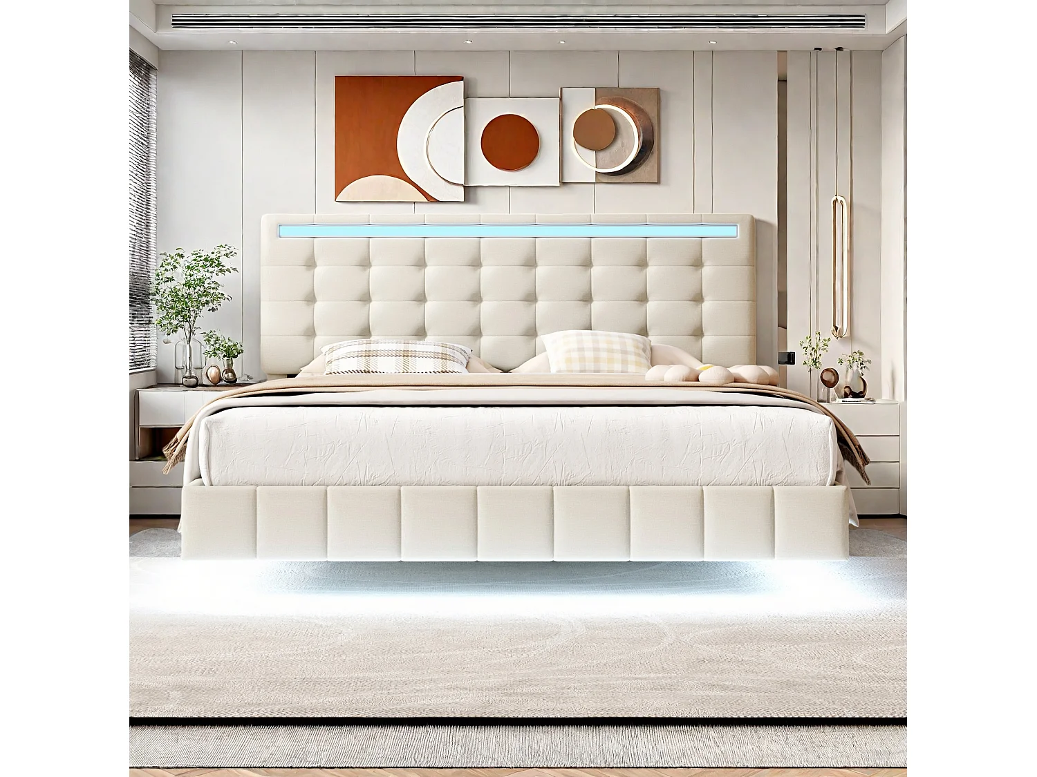 Lit Adulte 160 x 200 cm, Lit Flottant rembourré avec lumières LED et tête de lit USB, Lit Double avec sommier à lattes