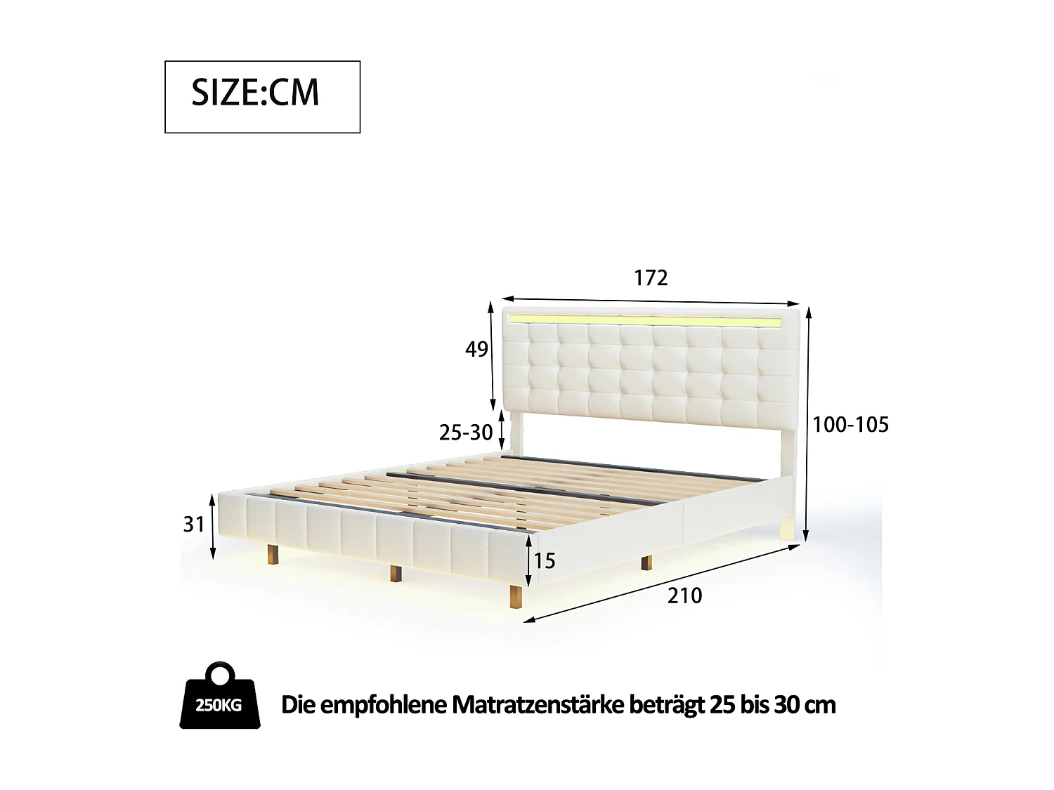 Lit Adulte 160 x 200 cm, Lit Flottant rembourré avec lumières LED et tête de lit USB, Lit Double avec sommier à lattes