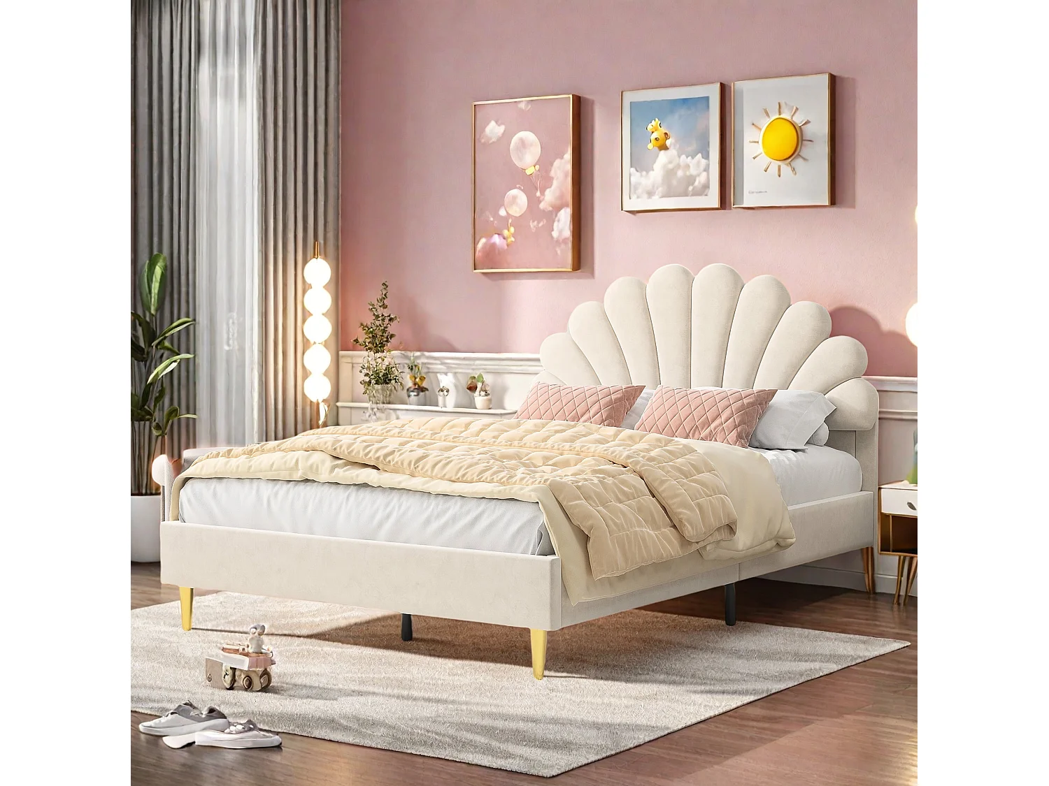 lit capitonné en velours beige,lit double,lit fille 140x200 cm,lit adulte,tête de lit en forme de pétale,pieds métal