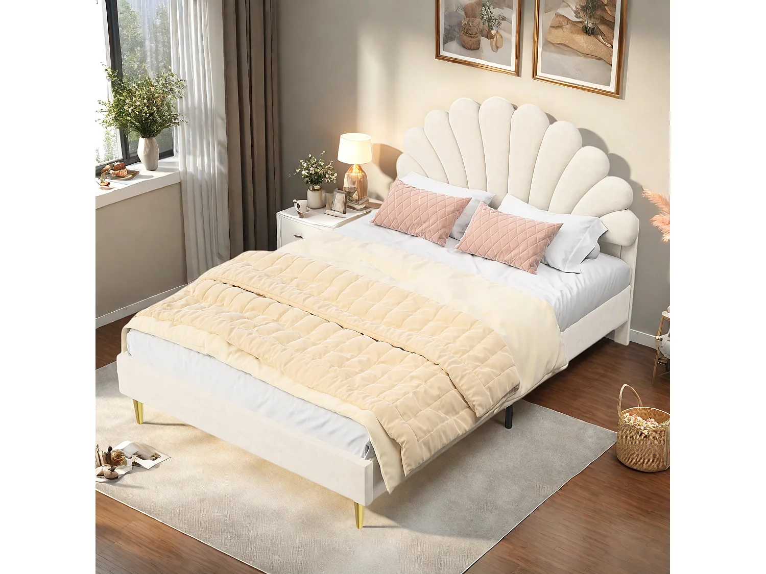 lit capitonné en velours beige,lit double,lit fille 140x200 cm,lit adulte,tête de lit en forme de pétale,pieds métal