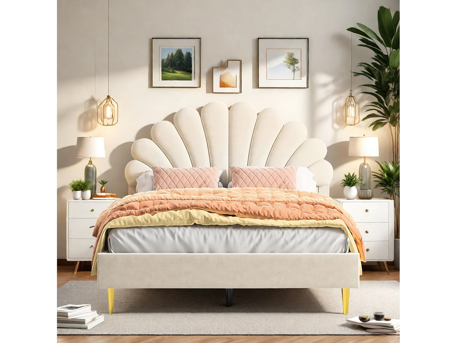 lit capitonné en velours beige,lit double,lit fille 140x200 cm,lit adulte,tête de lit en forme de pétale,pieds métal