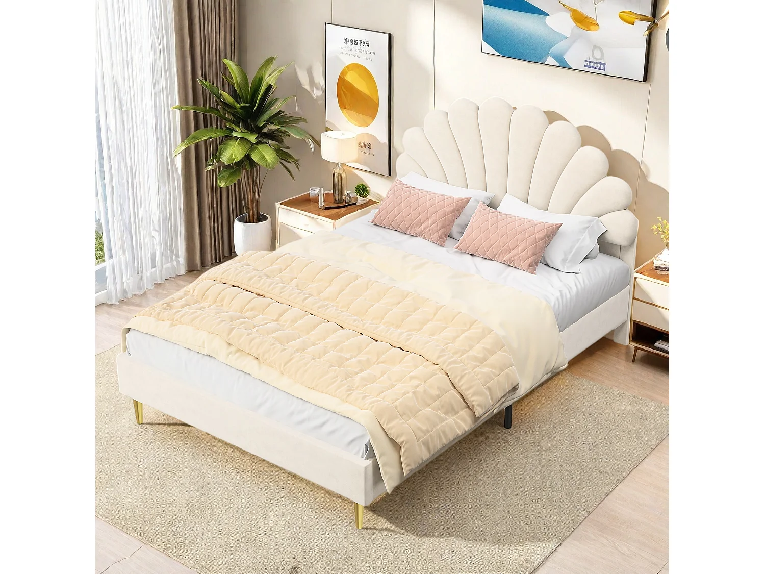 lit capitonné en velours beige,lit double,lit fille 140x200 cm,lit adulte,tête de lit en forme de pétale,pieds métal