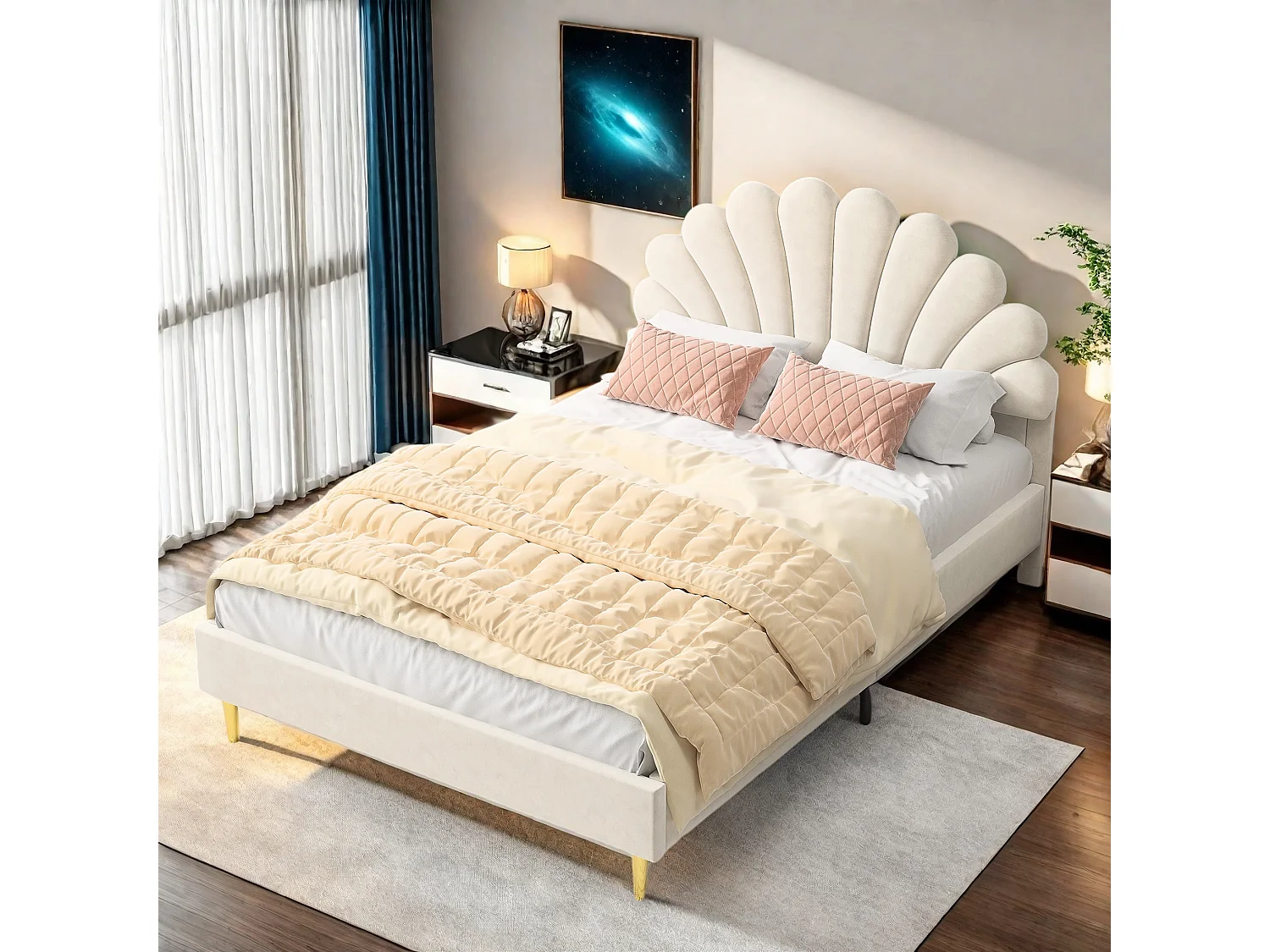lit capitonné en velours beige,lit double,lit fille 140x200 cm,lit adulte,tête de lit en forme de pétale,pieds métal