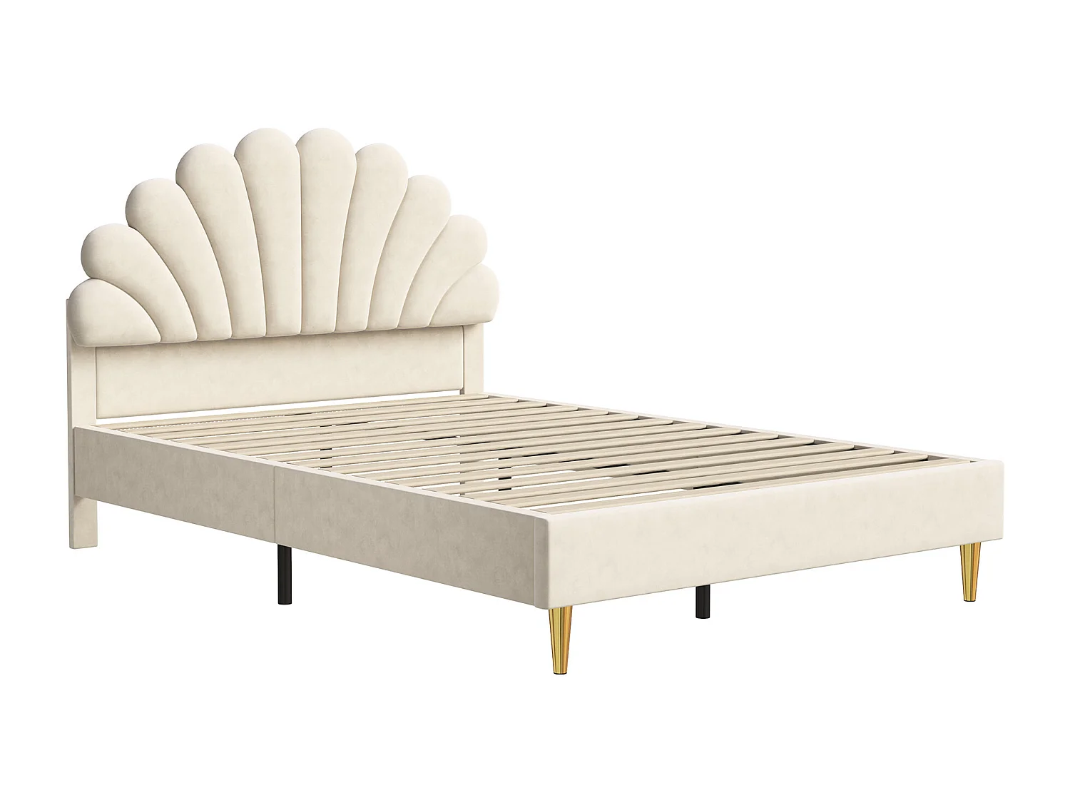 lit capitonné en velours beige,lit double,lit fille 140x200 cm,lit adulte,tête de lit en forme de pétale,pieds métal