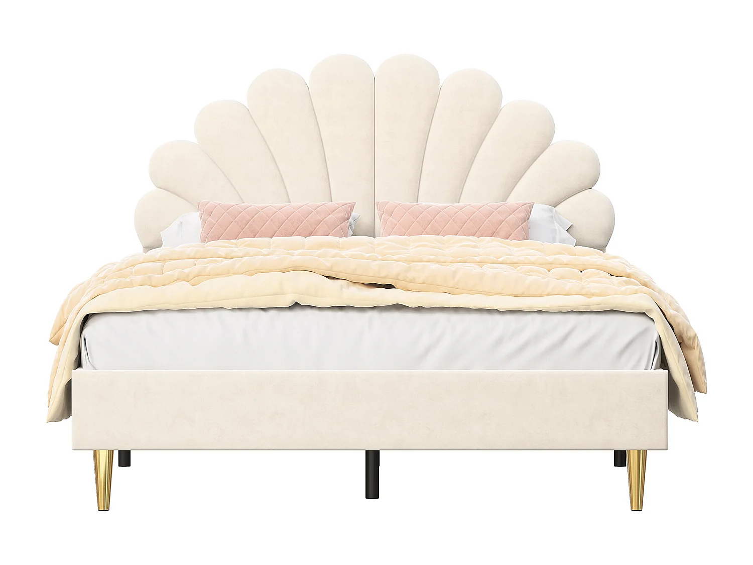 lit capitonné en velours beige,lit double,lit fille 140x200 cm,lit adulte,tête de lit en forme de pétale,pieds métal