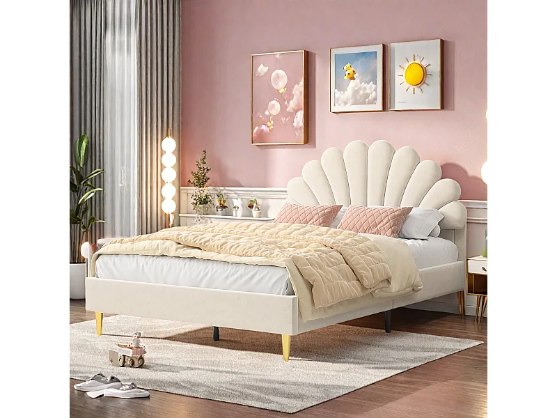 lit capitonné en velours beige,lit double,lit fille 140x200 cm,lit adulte,tête de lit en forme de pétale,pieds métal