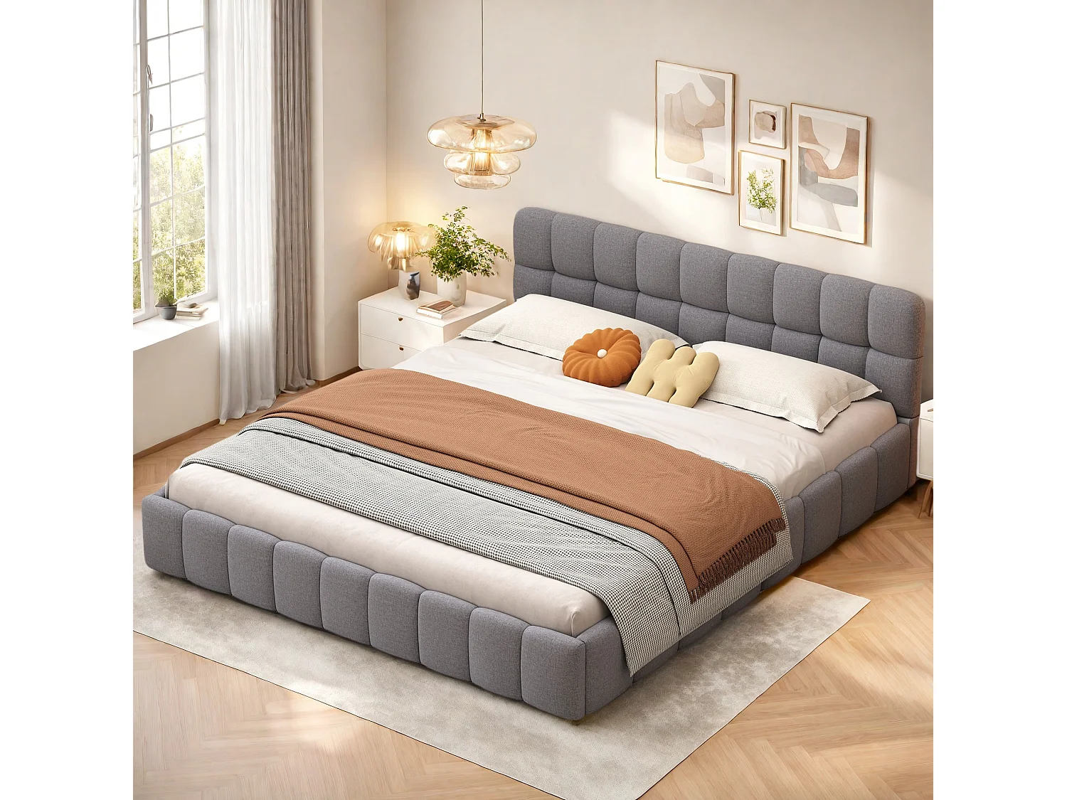 Lit Rembourré 160x200 cm en Lin Gris, Lit Adulte, Lit Double, Lit Plat avec bordure rembourrée, Sommier à Lattes