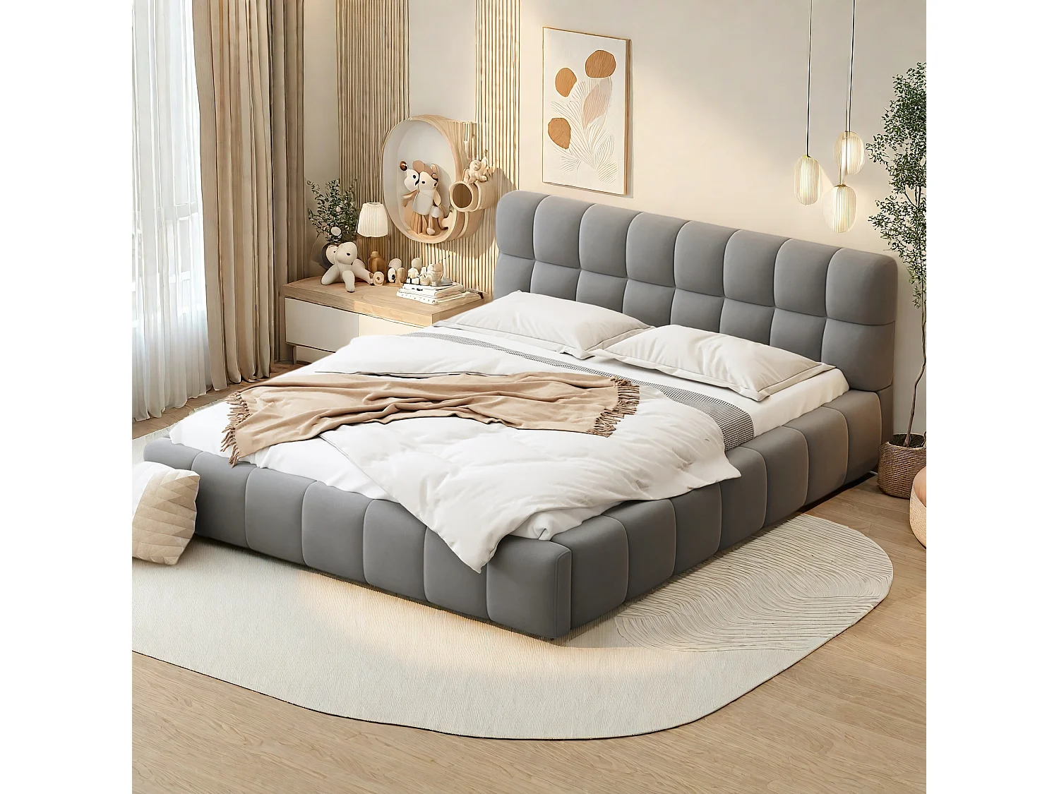 Lit Rembourré 160x200 cm en Lin Gris, Lit Adulte, Lit Double, Lit Plat avec bordure rembourrée, Sommier à Lattes