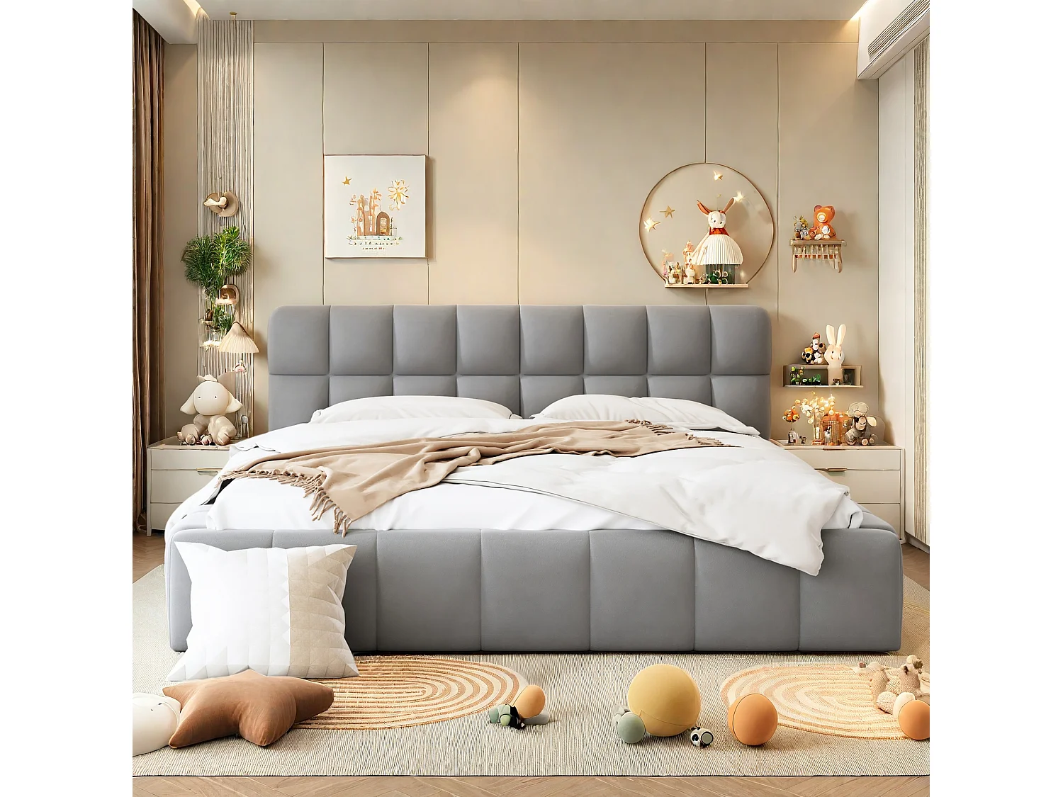 Lit Rembourré 160x200 cm en Lin Gris, Lit Adulte, Lit Double, Lit Plat avec bordure rembourrée, Sommier à Lattes