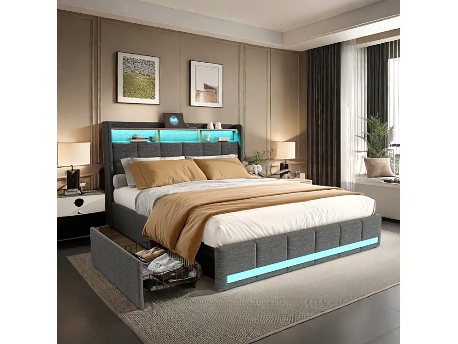 Letto Matrimoniale 160x200 cm Grigio con LED, 4 Cassetti, Ricarica USB e Testiera Imbottita con Contenitore