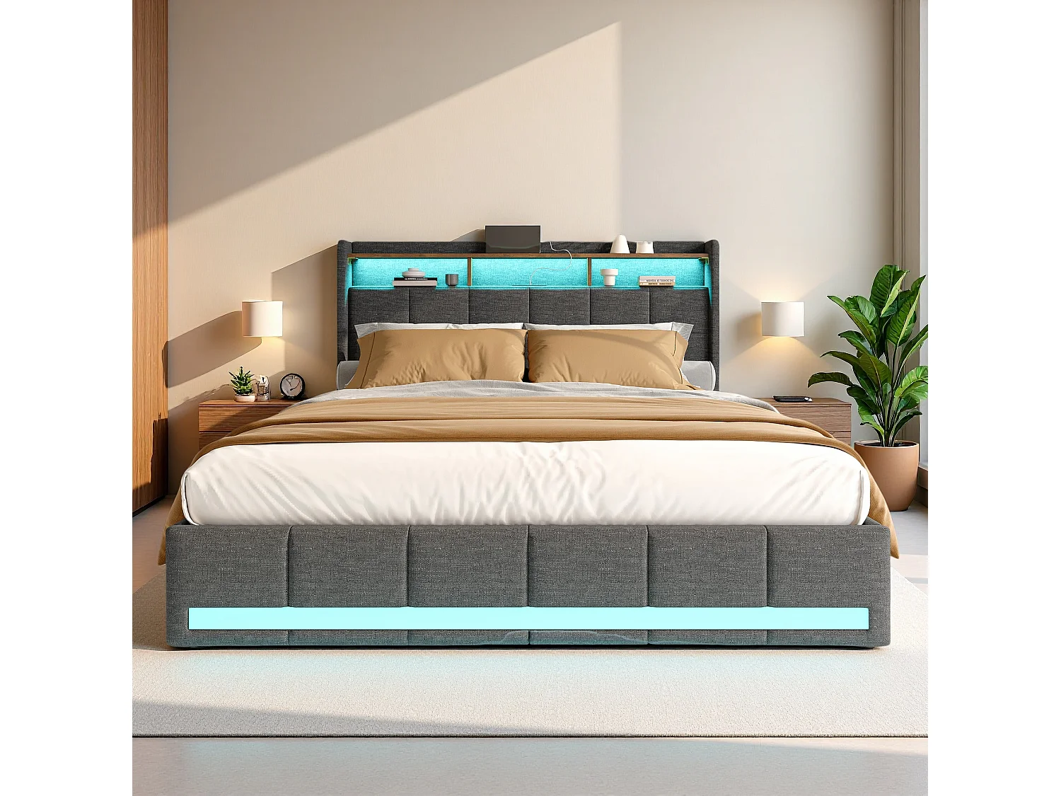 Letto Matrimoniale 160x200 cm Grigio con LED, 4 Cassetti, Ricarica USB e Testiera Imbottita con Contenitore